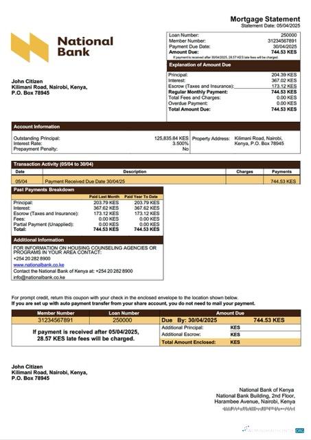 Download Kenya National Bank of Kenya mortgage statement Word and PDF template Photoshop template